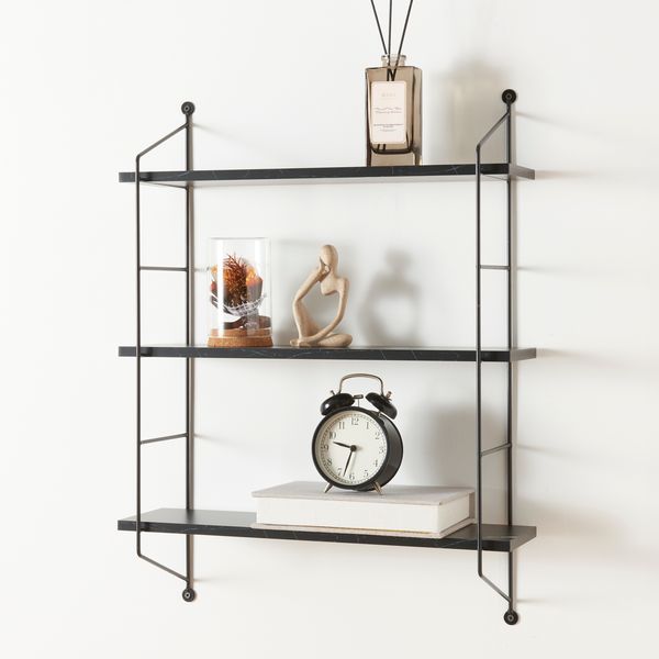 en.casa 'Ösel' Wandregal Marmoroptik, Stahl / MDF schwarz, 63,5 x 15 x 48 cm