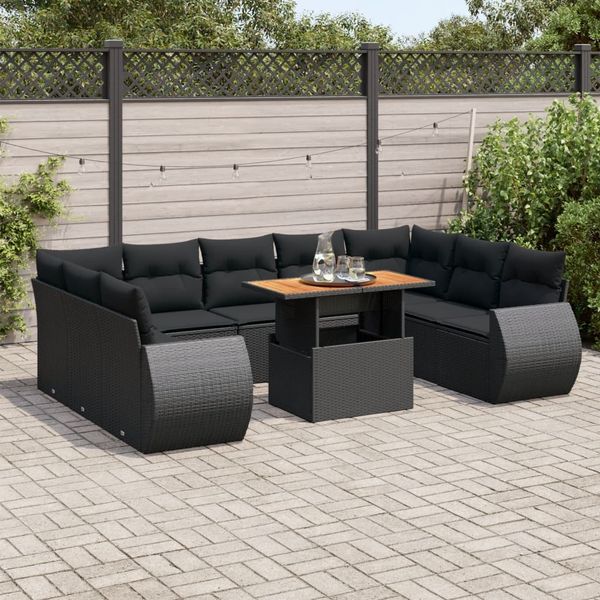 vidaXL 10-tlg. Garten-Sofagarnitur mit Kissen Schwarz Poly Rattan 3327303