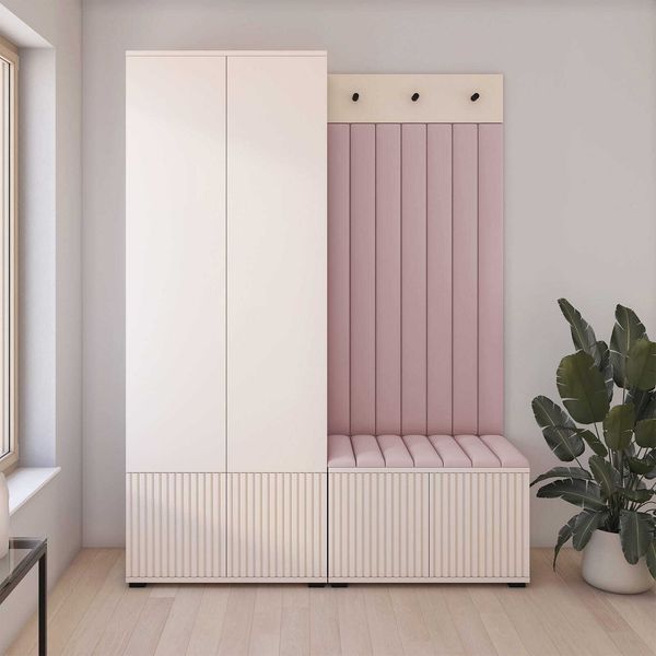 Garderoben-Set Ritmo version 1 – gefräste Kleiderschrank mit Polsterplatten, Schuhschrank, für Flur und Eingangsbereich (cashmere, Trinity 19), 185 x 40 x 140 cm