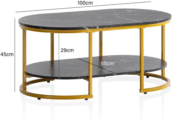 Couchtisch 100x60x45 cm Schwarz mit Marmor Optik, Design Wohnzimmertisch Rech... Bild 3