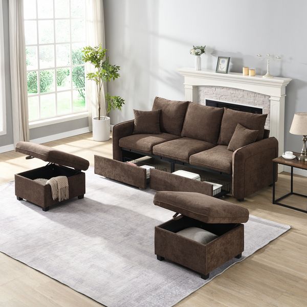 Ecksofa Chenille mit Schlaffunktion & Stauraum, 3-Sitzer mit 2 Hockern 52x52 cm, antikbraun