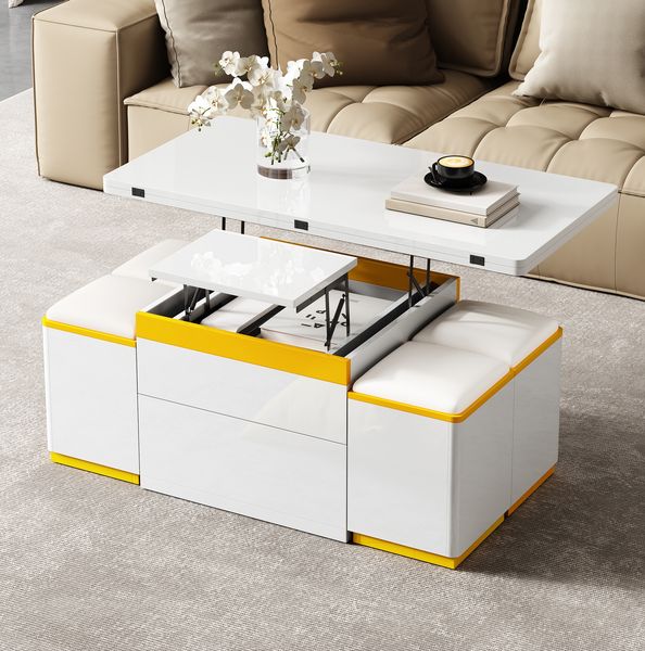 Couchtisch 100 x 50 x 43 cm mit Klapp- und Hubfunktion – Wohnzimmertisch mit Stauraum und 4 Hockern