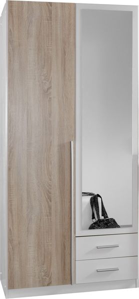 Kleiderschrank Skate Weiß mit Eiche Sägerau – Drehtürenschrank in verschiedenen Größen wählbar - Kleiderschrank mit 91cm Breite