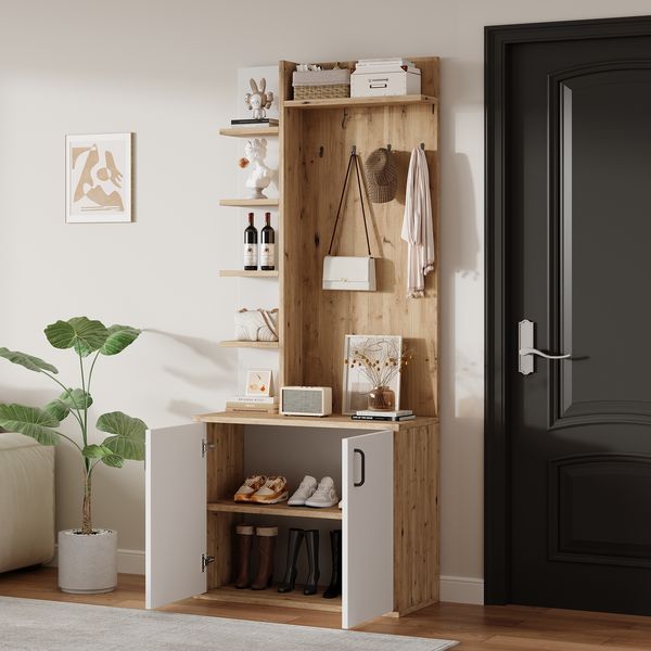 Schuh und Dekoschrank 75×33×180 cm, Holzfarbe + Weiß, 6 offene Ablageplattformen