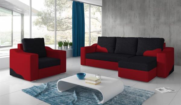 Ecksofa Set COLLIN Ottomane Rechts + Sessel Rot / Schwarz