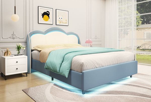 HOMAVO 90×200 cm Polsterbett, Kinderbett, blau, Samt, Einzelbett, mit LED-Beleuchtung