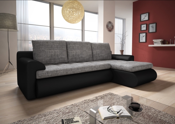 Ecksofa Santi - Polsterecke L-Form, Schlafsofa mit Bettkasten, Sofa mit Schlaffunktion, Couch (Schwarz + Grau (Madryt 1100 + Berlin 01), Ecksofa Rechts)