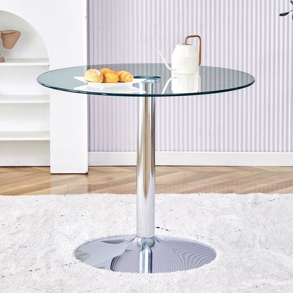 Runder Glasbalkentisch, 85x76 cm, silberne Metallbasis, minimalistisch