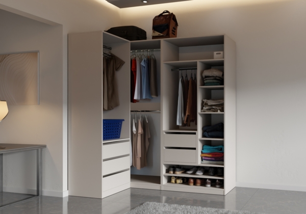 Marmex Möbel TRES SET D Eckgarderobenschrank-Set für Schlafzimmer, Ankleidezimmer, Kleiderschrank ohne Türen, laminierte Spanplatte, graubeige cashmere, 190/111x206x51 cm