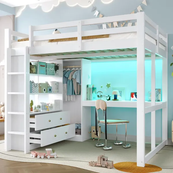 Hochbett mit Schreibtisch, Stauraum, LED-Streifen, Regal, offenem Kleiderschrank, Schubladen, Rausfallschutz und Leiter, Kinderbett, USB, Kiefer