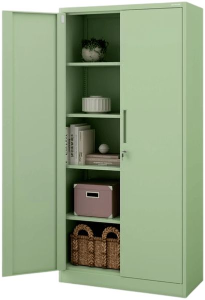 Aktenschrank abschließbar JAN - 5 Ebenen verstellbar, Flügeltüren | Metallschrank Werkstatt Mehrzweckschrank Büroschrank aus Stahl Werkzeugschrank, 185x90x40cm Pastellgrün