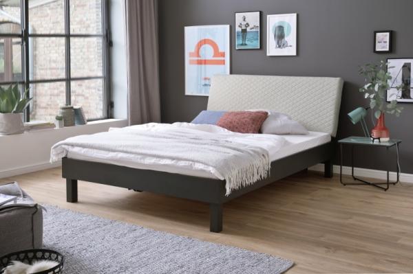 Metallbett >Boston< in grau-beige aus Stoffbezug - 185x92.5x222.5cm (BxHxT)