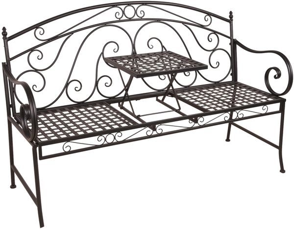 Gartenbank SANDRA hochklappbarer Tisch - 148cm Breit, Stahl, Schwarz, 148x55x96cm | Terrassenbank Wetterfest Sitzbank Outdoor Bank