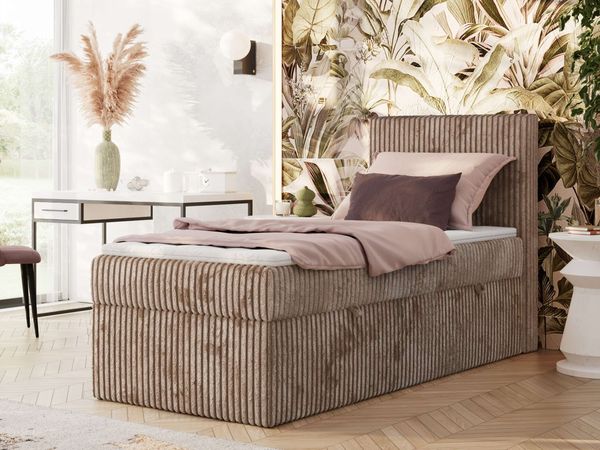 Boxspringbett TILIANO 90x200 Cord inkl. Bettkasten, Einzelbett 7-Zonen Multipocket-Matratze & Topper, Modernes Design mit hohem Kopfteil - Braun Cordstoff - H4 - Topper T25
