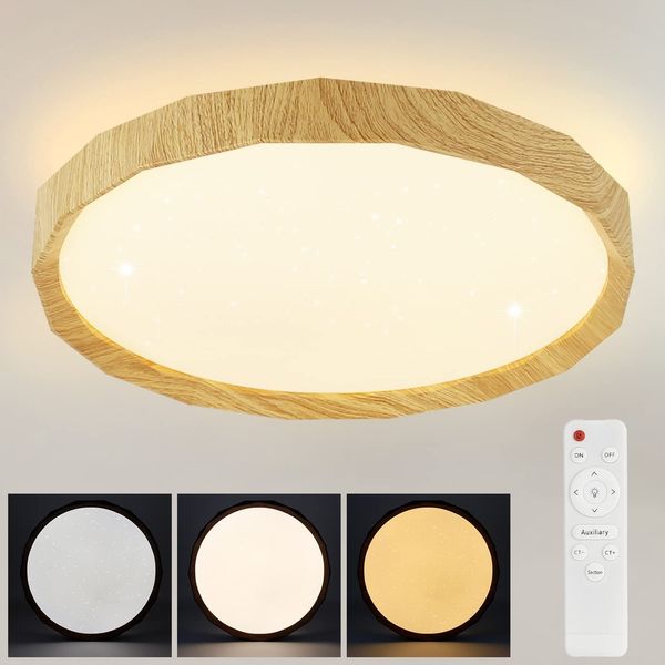 ZMH LED Deckenleuchte Wohnzimmer – Holzoptik Wohnzimmerlampe Ø40cm Schlafzimmer Deckenleuchte 43W Dimmbare Schlafzimmerlampe mit Fernbedienung