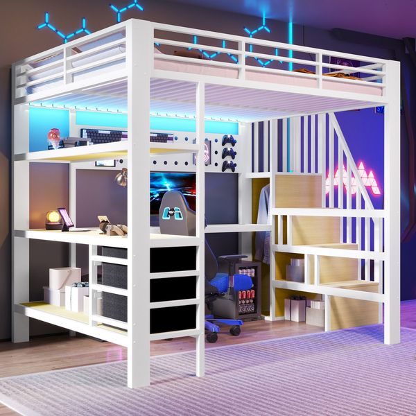 Hochbett mit RGB LED-Streifen, Regal, Schreibtisch, Schubladen und Wandgitter, 140x200 cm, Treppe mit offenem Kleiderschrank, Kinderbett, Metallbett