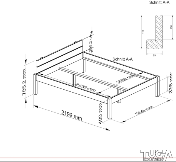 Pfostenbett "metallarm" Fichte Holzbett "Daybett" 160 x 210cm 48cm Doppelbett Bild 6