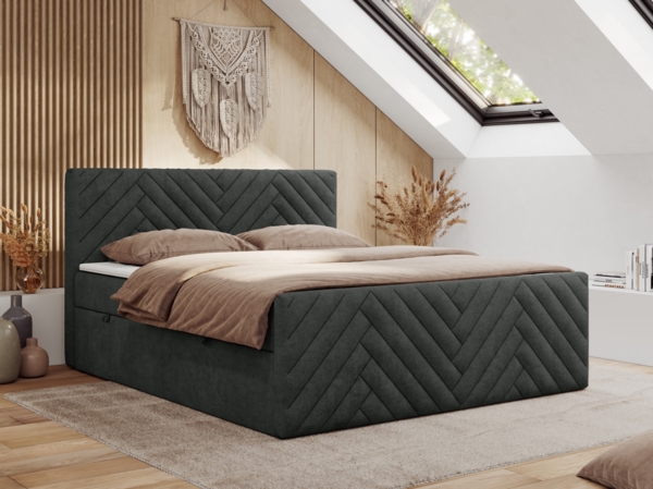 Boxspringbett mit zwei Bettkästen, 7 Härtezonen Multipocket-Matratzen, dekoratives Kopfteil und Front, Doppelbett - PARIS DUO - 200 x 200 cm - Dunkelgrau Stoff - H3