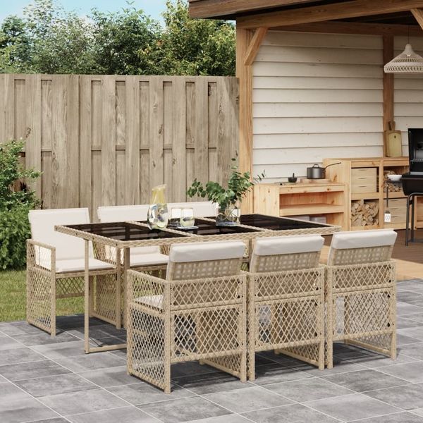 vidaXL 7-tlg. Garten-Essgruppe mit Kissen Beige Poly Rattan 3210730