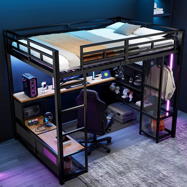 Hochbett mit RGB LED-Streifen, Schreibtisch, Lattenrost, Trittleiter, Kleiderschrank, USB, Rausfallschutz, 140x200cm, Kinderbett, Metallbett