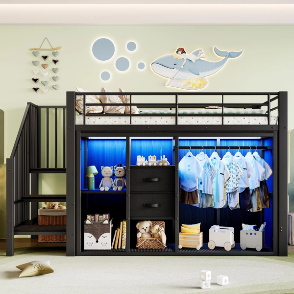 Hochbett mit Kleiderschrank, LED-Streifen, Lattenrost, Treppe und Rausfallschutz, 90x200 cm, Kinderbett, Metallbett
