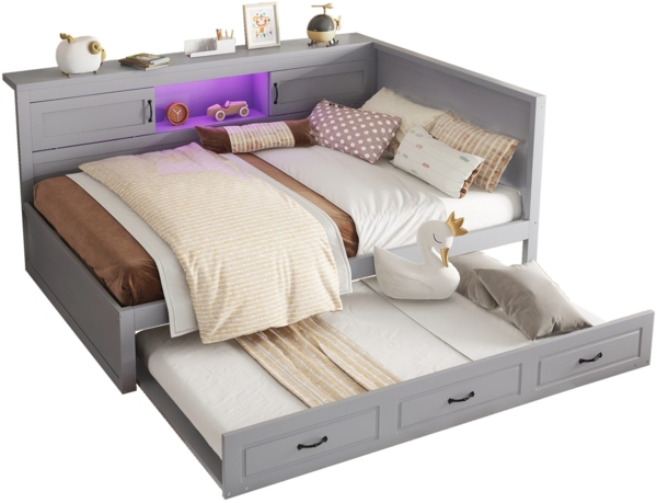 Massivholzbett mit Gästebett und LED-Beleuchtung (140x200 cm) Doppelbett, Jugendbett mit Lattenrost, Kiefer, grau