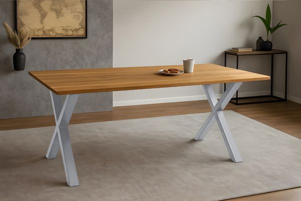 Esstisch Baumkante massiv Eiche geölt 200 x 100 cm X-Gestell silber SALVADOR 171623036