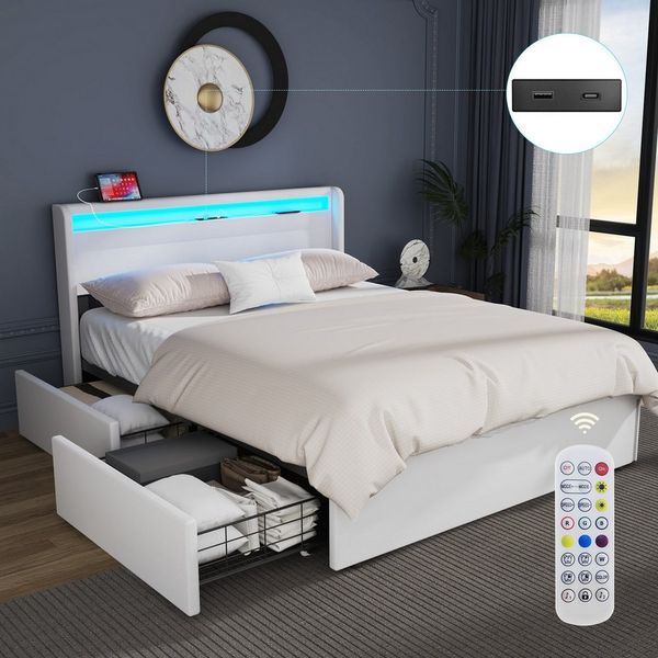 oyajia Polsterbett LED-Beleuchtung Doppelbett mit Ladefunktion und 4 Schubladen (Jugendbett Bettgestll), mit Type-C + USB, Ohne Matratze