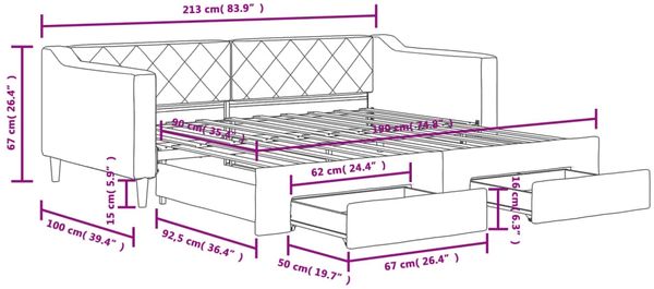 vidaXL Tagesbett Ausziehbar mit Schubladen Schwarz 90x190 cm Stoff 3197474 Bild 12