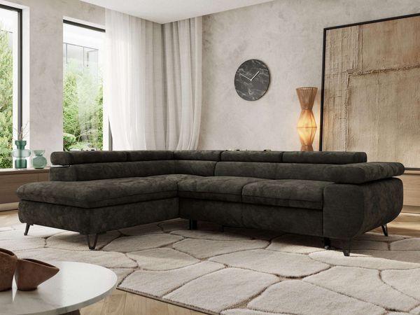 MKS Möbel 'Pablo L-Form' Ecksofa mit Schlaffunktion, verstellbare Kopfstützen, Dunkelgrau, Schenille glatt, ohne Topper, Links
