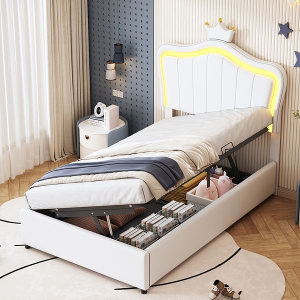 Kindereinzelbett 90×200 cm aus Kunstleder mit LED-Beleuchtung, weiß