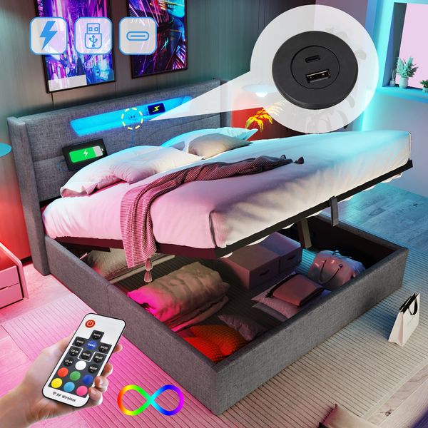 Polsterbett LED Doppelbett mit USB Typ C Ladefunktion und LED-Beleuchtung,Stauraumbetten Bettgestell aus Leinenmaterial Jugendbett 160x200 mit lattenrost(Ohne Matratze)