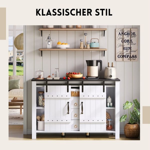 SeedWave Buffet Retro Küchenschrank 120cm Sideboard mit 2 Schiebetüren, Schubladen Anrichte inkl. 2 höhenverstellbare Metallfüße, Kippschutz-Set