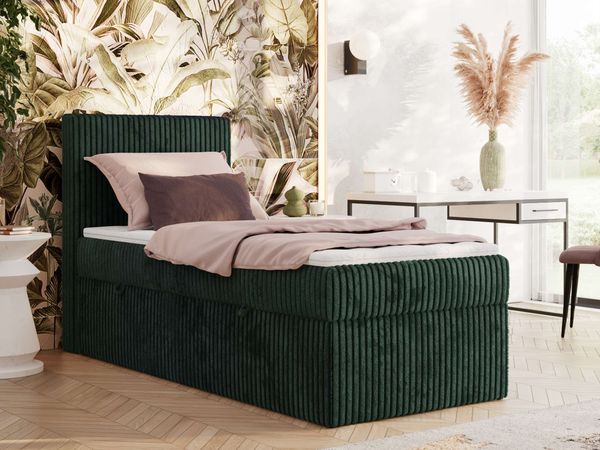 Boxspringbett TILIANO 90x200 Cord inkl. Bettkasten, Einzelbett 7-Zonen Multipocket-Matratze & Topper, Modernes Design mit hohem Kopfteil - Dunkelgrün Cordstoff - H4 - Topper Visco