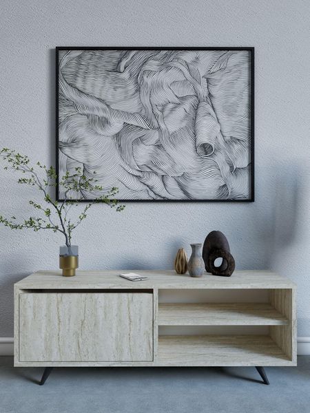 Hanah Home Stylish TV Stand with Marble Concept, Travertine Color, 120 cm Wide | 100% Melamine Coated Particle Board, 18 mm Thick | Wall-Mountable, Multiple Shelves