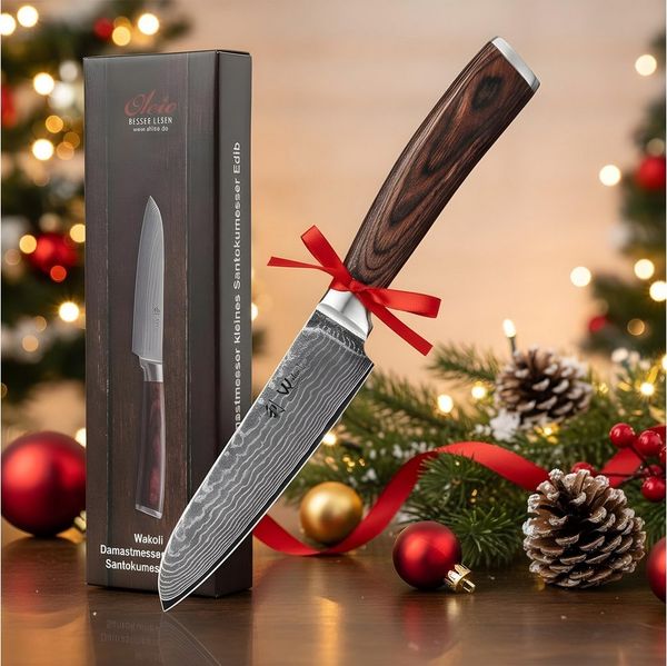 Wakoli Santokumesser EDIB Damast Kleines Santoku I Küchenmesser Kochmesser I12cm Klinge, VG10 Kern, 67 Lagen Damaststahl, Pakkaholzgriff, inkl. Geschenkbox