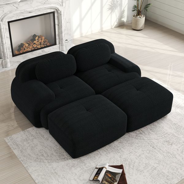 Ecksofa in Schwarz aus Cordstoff, modular, rahmenlos, ergonomisch geformt,208x178x75 cm