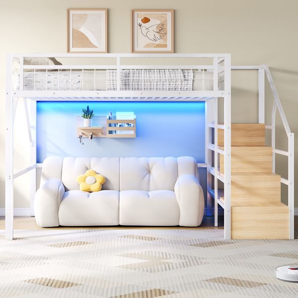 Merax Kinderbett, Hochbett, 140 x 200 cm, Jugendbett, mit LED-Lichtleiste, Treppenkonstruktionen mit Stauraum, Ohne Matratze, Weiß