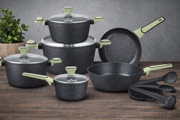 Zilner Topf-Set 15 tlg Schwarz-Grünes Topfset mit edler Keramik-Marmor-Beschichtung, Aluminium (Wählen Sie dieses hochwertige Kochgeschirr-Set und genießen Sie langlebige Qualität, modernes Design und höchsten Kochkomfort, zugleich ist es eine stilvoll...