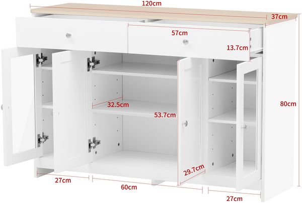 Sideboard 120x37x80 cm, 2 Schubladen & 4 Türen, verstellbare Regalböden, MDF, holzfarbene Oberseite und weiße Seiten, Gesamtabmessungen 120 x 37 x 80 cm Bild 4