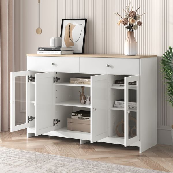 Sideboard 120x37x80 cm, 2 Schubladen & 4 Türen, verstellbare Regalböden, MDF, holzfarbene Oberseite und weiße Seiten, Gesamtabmessungen 120 x 37 x 80 cm