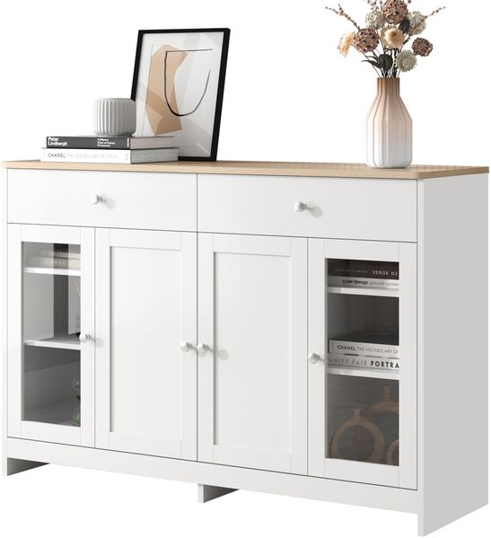 Sideboard 120x37x80 cm, 2 Schubladen & 4 Türen, verstellbare Regalböden, MDF, holzfarbene Oberseite und weiße Seiten, Gesamtabmessungen 120 x 37 x 80 cm Bild 5