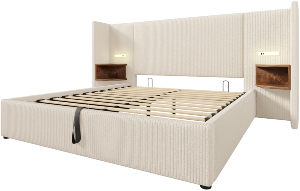 Polsterbett mit Stauraum & Ladefunktion, Bett 160x200 cm mit Touch-Leselampe, USB/Type-C Ports & Regal, beige-weiß Bild 9