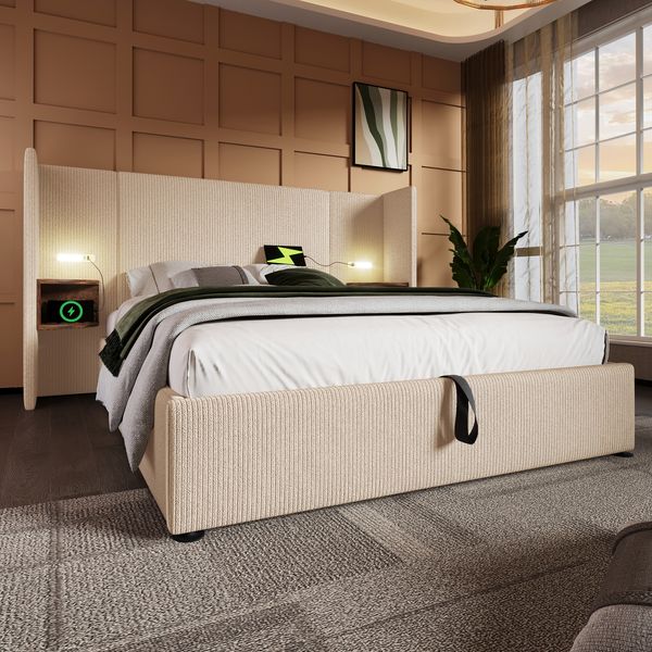 Polsterbett mit Stauraum & Ladefunktion, Bett 160x200 cm mit Touch-Leselampe, USB/Type-C Ports & Regal, beige-weiß