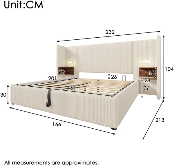 Polsterbett mit Stauraum & Ladefunktion, Bett 160x200 cm mit Touch-Leselampe, USB/Type-C Ports & Regal, beige-weiß Bild 7