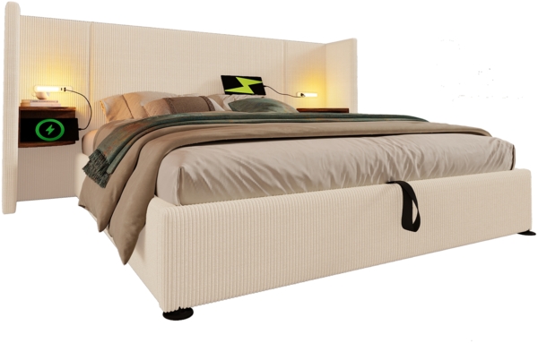 Polsterbett mit Stauraum & Ladefunktion, Bett 160x200 cm mit Touch-Leselampe, USB/Type-C Ports & Regal, beige-weiß Bild 8