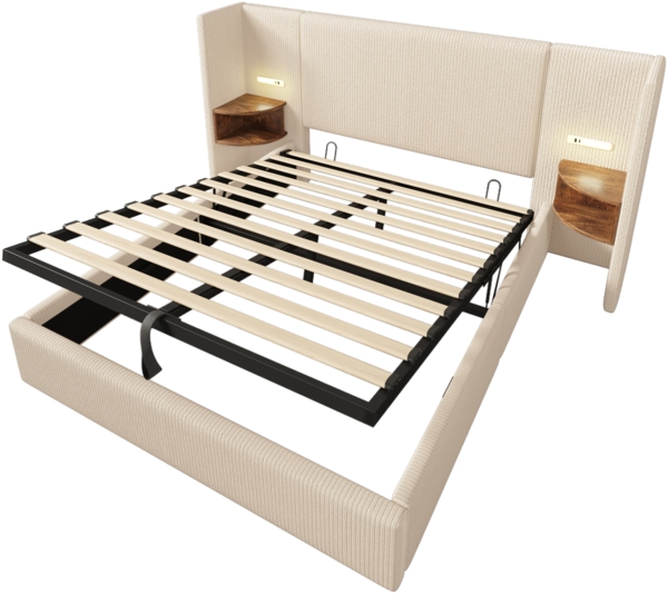 Polsterbett mit Stauraum & Ladefunktion, Bett 160x200 cm mit Touch-Leselampe, USB/Type-C Ports & Regal, beige-weiß Bild 10