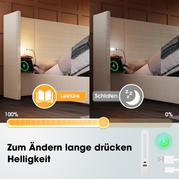 Polsterbett mit Stauraum & Ladefunktion, Bett 160x200 cm mit Touch-Leselampe, USB/Type-C Ports & Regal, beige-weiß Bild 5