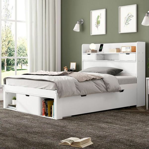 BlingBin Stauraumbett Kinderbett, Jugendbett Mit USB-port, Schubladen und Stauschrank (1er Set, 1-tlg, 90 x 200 cm, Ohne Matratze, Belastbarkeit maximal: 200KG), Multifunktionales Bett, Doppelbett, Großer Stauraum, Weiß