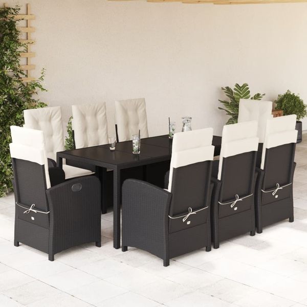 vidaXL 9-tlg. Garten-Essgruppe mit Kissen Schwarz Poly Rattan 3212202